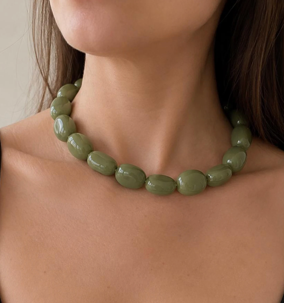 Chunky Olive Green Beaded Statement Necklace