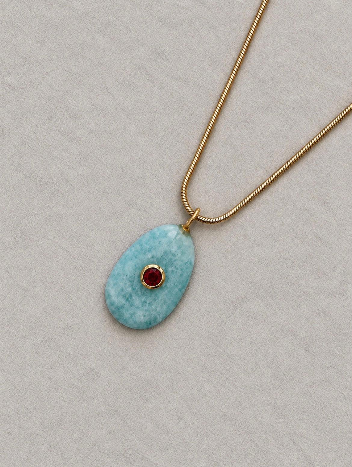 Aquamarine and Red Stone Pendant Necklace