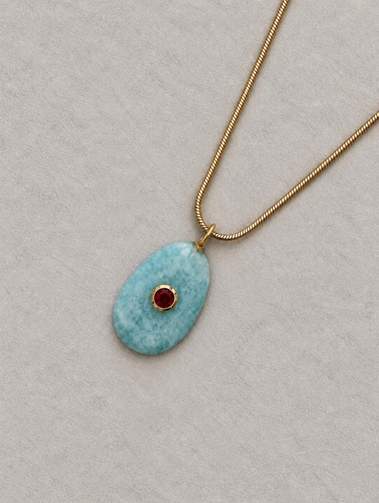 Aquamarine and Red Stone Pendant Necklace