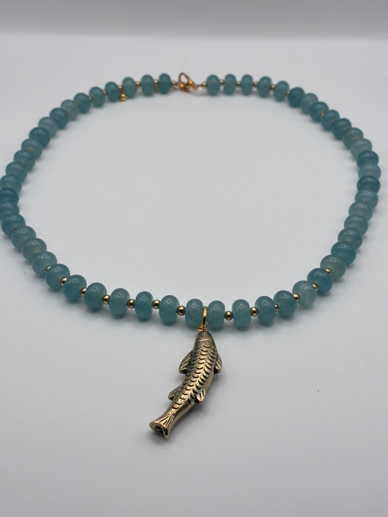 Blue Green Beaded Fish Charm Necklace