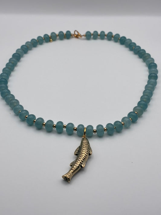 Blue Green Beaded Fish Charm Necklace