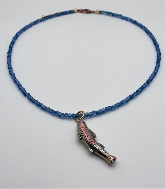 Blue Beaded Fish Charm Necklace