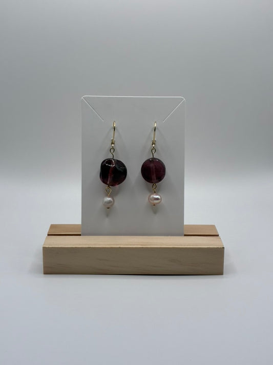 Purple Glass Bead & Pearl Drop Earrings