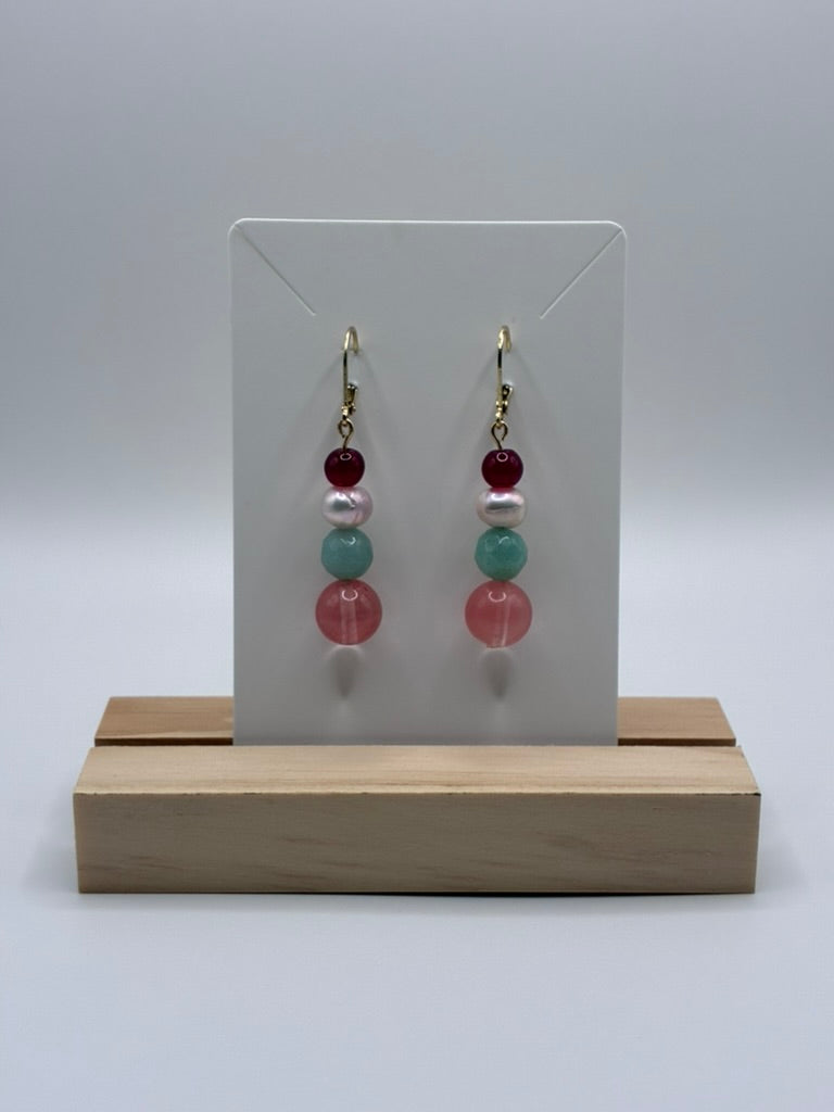 Pink Aqua Pearl Burgundy Beaded Earrings