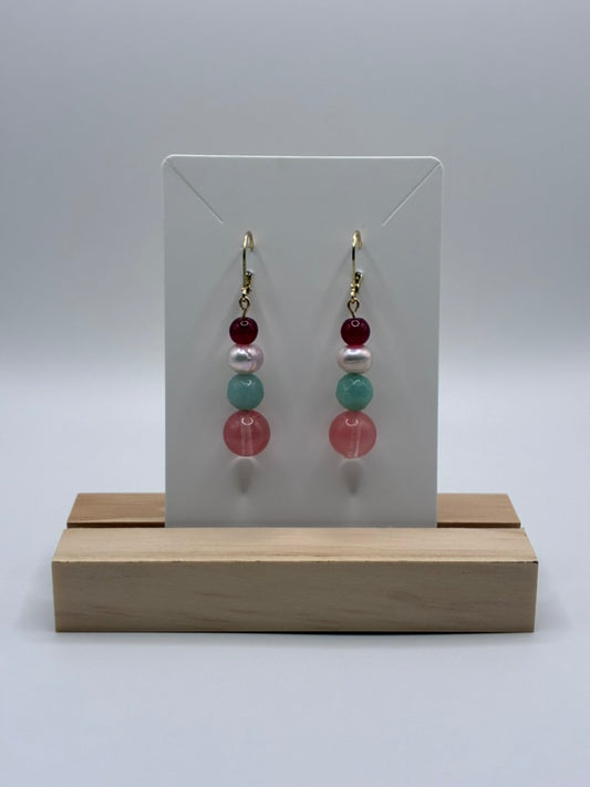 Pink Aqua Pearl Burgundy Beaded Earrings