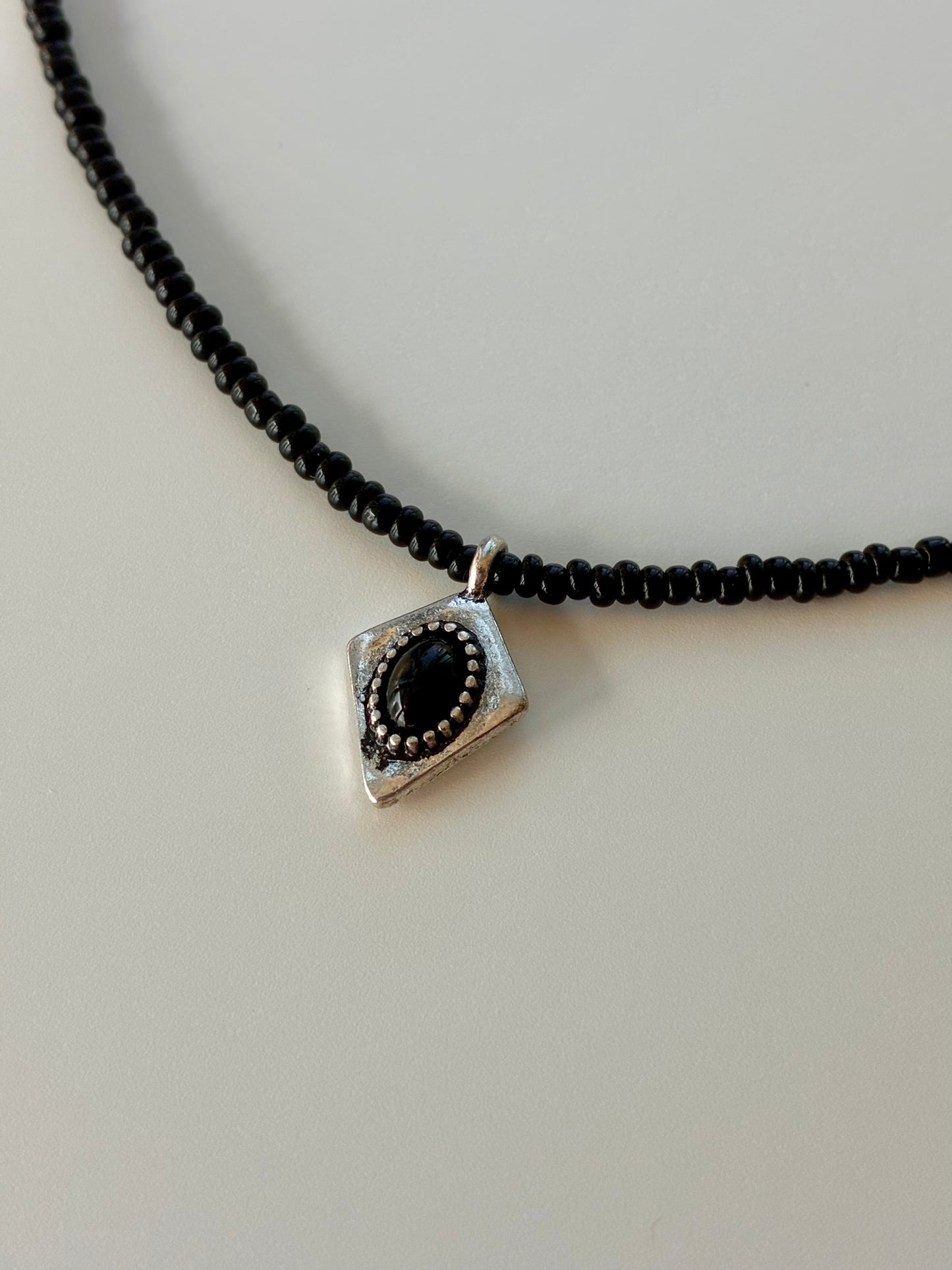 Black Bead Vintage Pendant Necklace